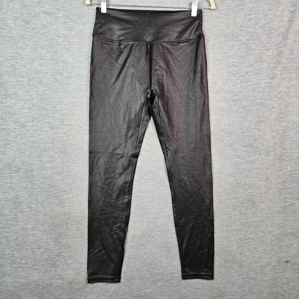 Santiny Womens Black Faux Leather Metallic Leggings High Waisted Size 27M
